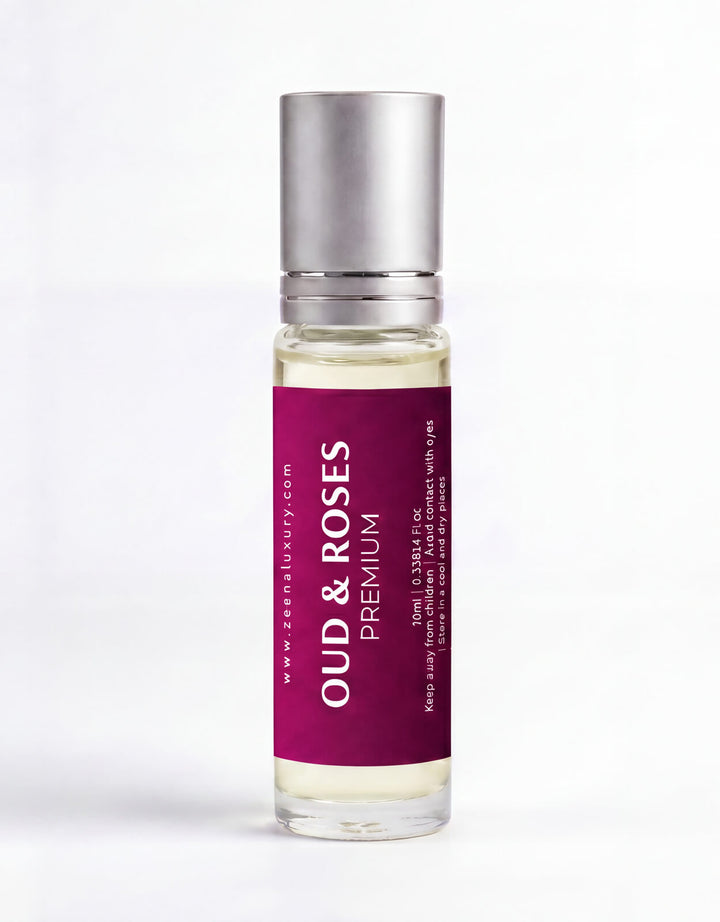 OMARO Oud & Roses Perfume Oil roll-on bottle with luxurious floral oud fragrance for women and men, alcohol-free long-lasting perfume oil.