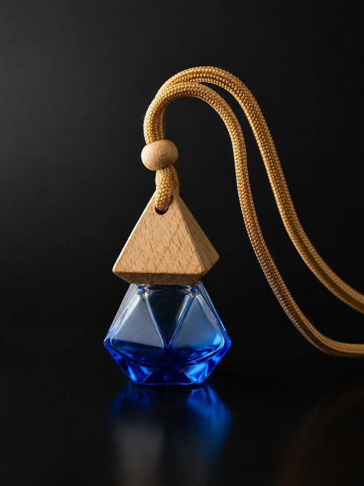 Venture Car Perfume Oil hanging geometric blue glass bottle with natural wooden diffuser cap