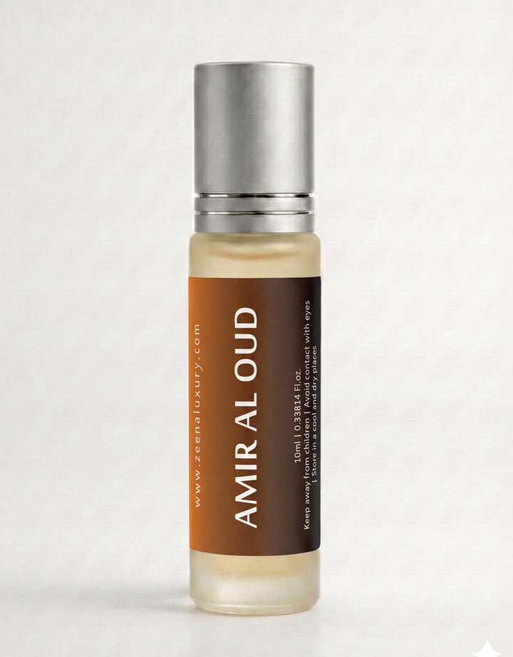 OMARO Amir Al Oud 10ml roll-on perfume oil with oriental woody fragrance featuring oud, vanilla and sandalwood.