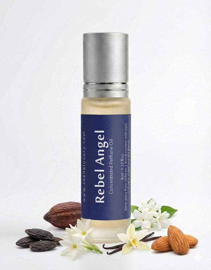 Scent pyramid for Rebel Angel Inspired by Good Girl showing notes of Tonka Bean, Cacao, and Tuberose