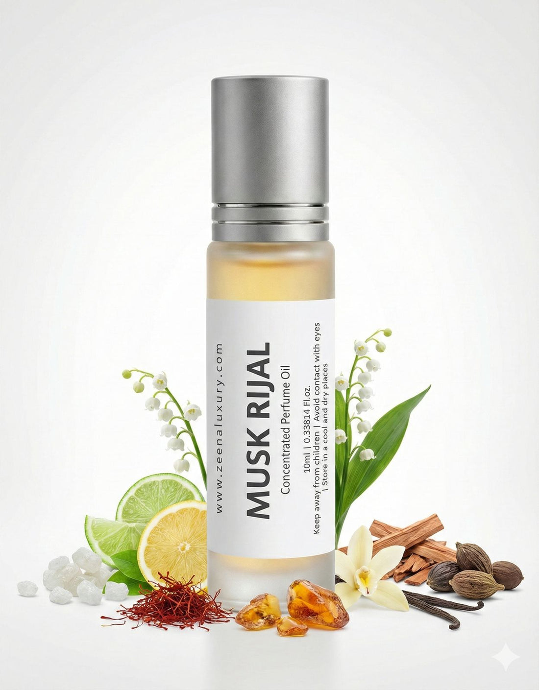 Scent pyramid showing White Musk, Rose, and Sandalwood notes