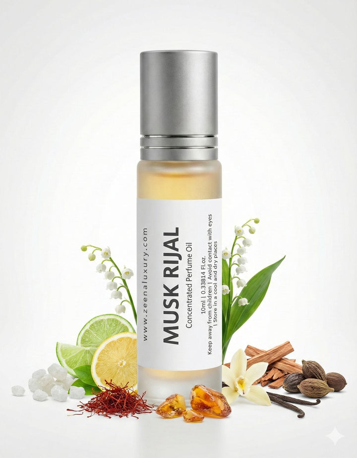 Scent pyramid showing White Musk, Rose, and Sandalwood notes