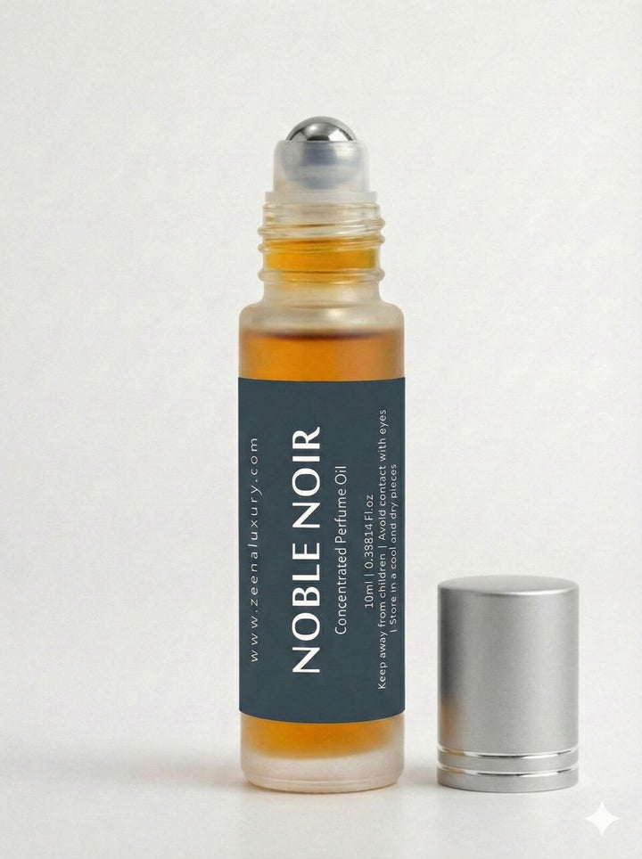 Noble Noir 10ml concentrated Oud perfume oil bottle by Zeena Luxury-opened roll on bottle