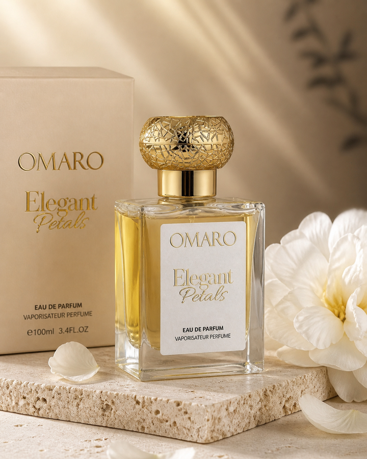 Omaro Elegant Petals perfume bottle on a stone pedestal, inspired by Givenchy L'Interdit.