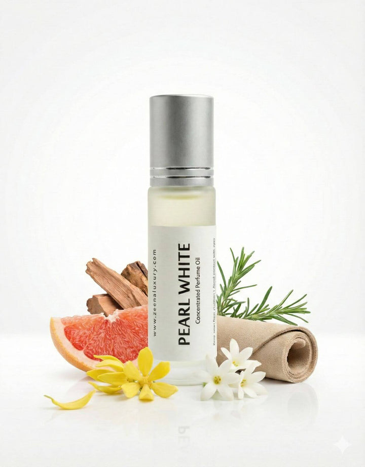 Pearl White 10ml luxury perfume oil bottle by Zeena Luxury, the best white perfume for men in India.