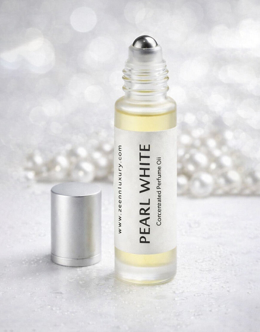 opened bottle of fresh, citrus, and woody scent profile of Pearl White, a top summer fragrance for men